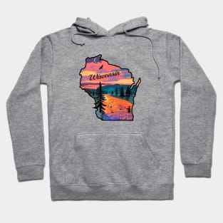 Wisconsin State Map Mountain Sunset River Retro Hoodie